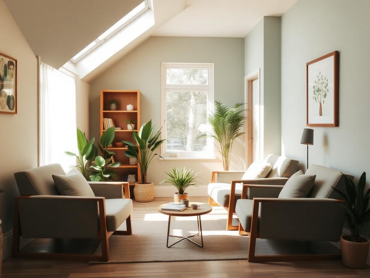 A serene, welcoming therapy room with comfortable seating and plants